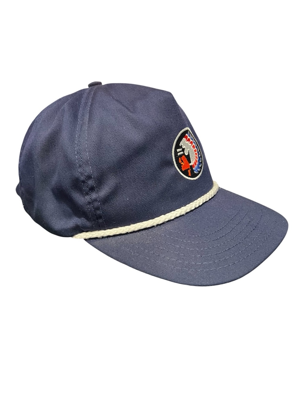 Vtg navy blue rope hat with circular embroidered Native American patch - Picture 3 of 8